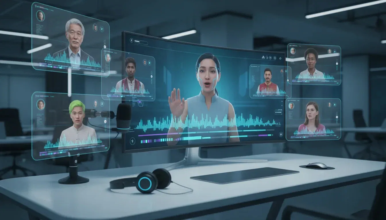High-tech workspace with a central AI avatar on a monitor, multiple diverse avatar thumbnails, visible audio waveforms, microphone and timeline bars representing AI avatar videos, voice cloning, and AI dubbing