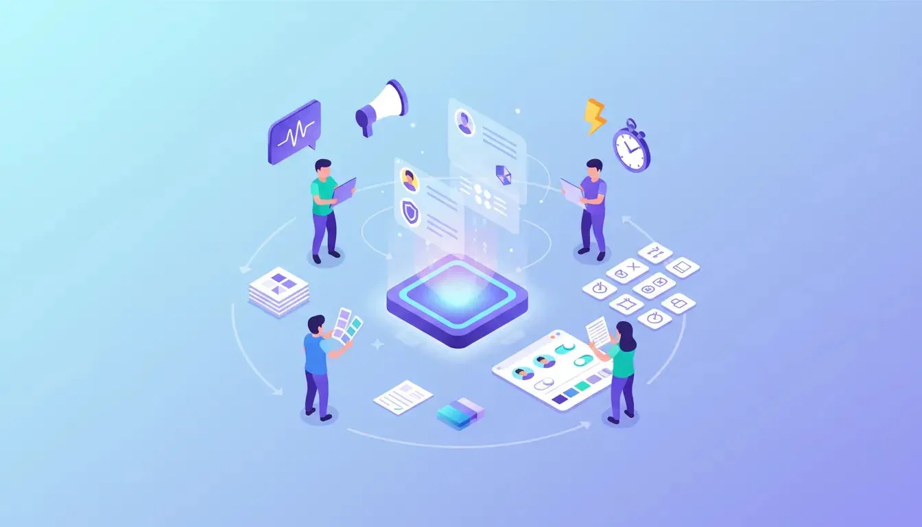 Isometric illustration of AI-assisted content creation with persona cards, brand color swatches, voice waveform and speed motifs