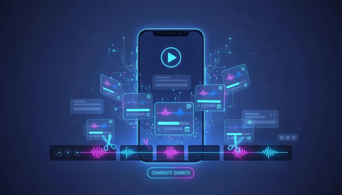 AI shorts generator illustration: a smartphone converting a long video timeline into multiple vertical short clips with holographic AI connections, waveform visuals, caption bars, dubbing globe and scheduling icons.