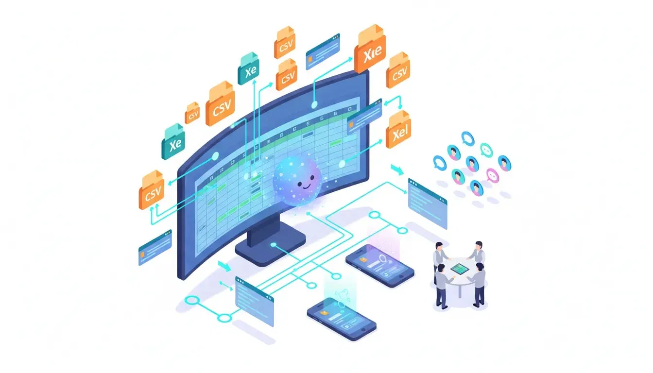 Isometric illustration of a no-code AI-powered spreadsheet platform with chat agents, automation flows, and device mockups