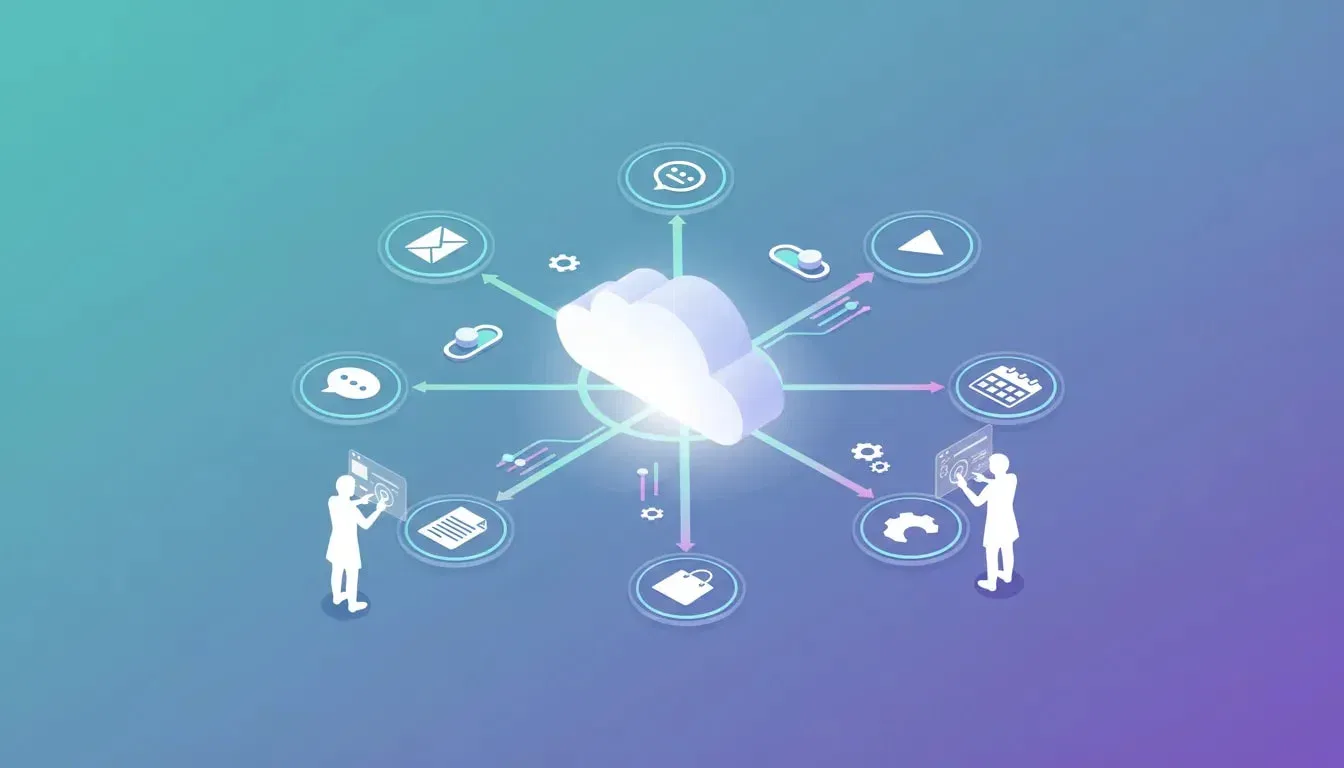 Isometric illustration of a cloud hub connecting generic app icons with glowing lines, arrows, gears and people interacting with tablets to represent no-code automation workflows