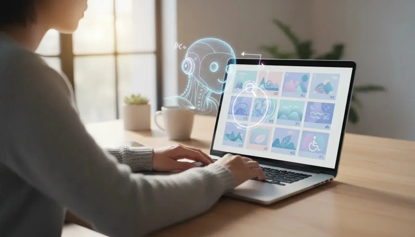 Person at a laptop using AI to generate descriptive alt text for website images, screen showing image thumbnails with tag icons, a magnifying glass highlighting one image and an accessibility symbol in a warm minimalist workspace