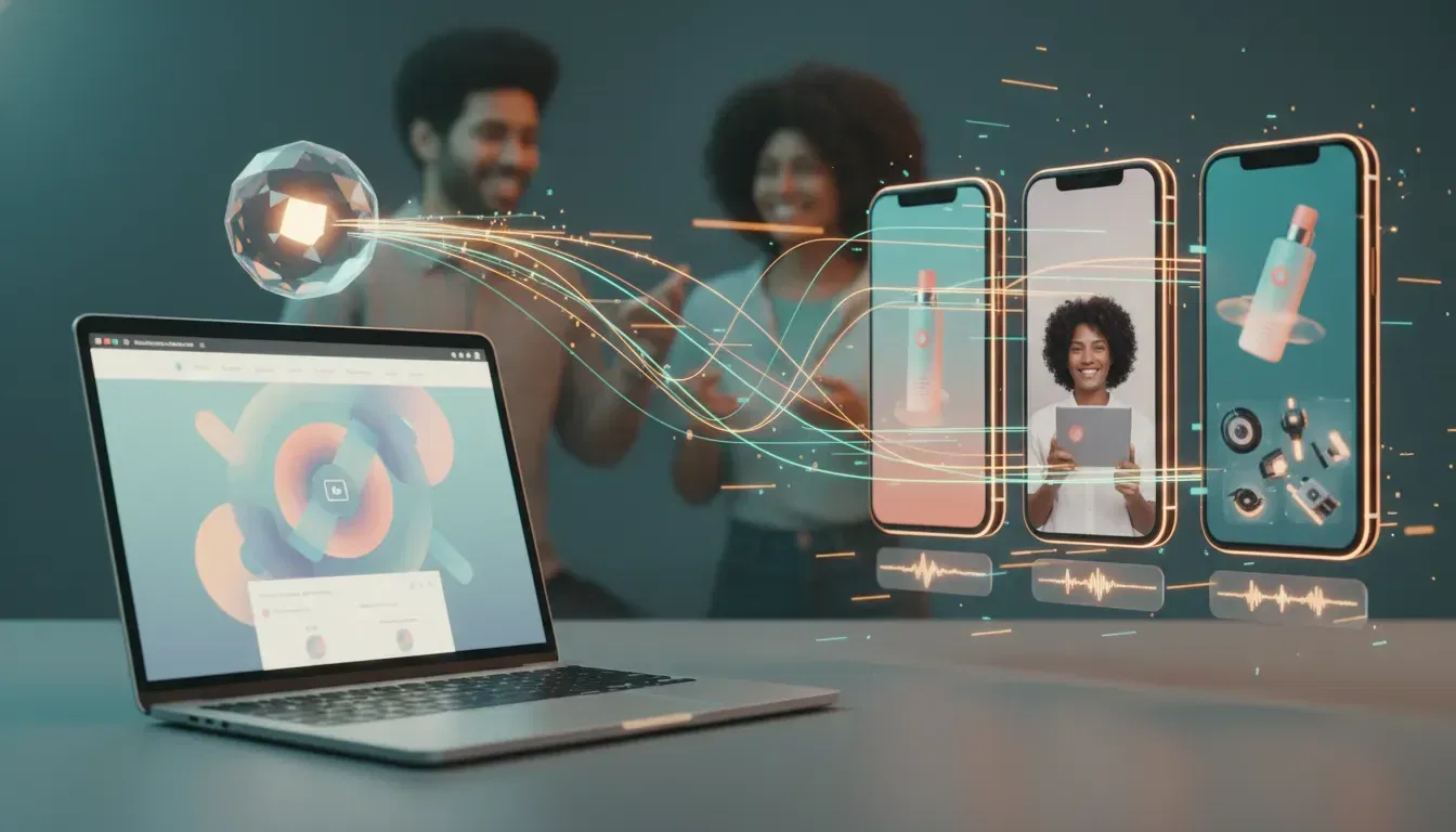 Stylized illustration of AI converting a product page into multiple UGC-style vertical video ads: laptop, glowing AI data stream, three smartphones with creator clips, caption bars and audio waveforms (no text).