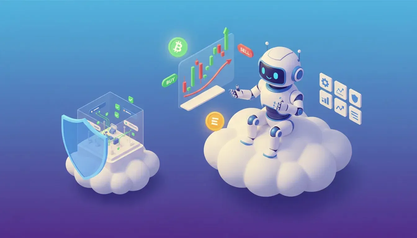 Illustration of a beginner-friendly crypto trading bot in the cloud automating trades, with a marketplace of strategy tiles and a virtual testing sandbox for risk-free testing