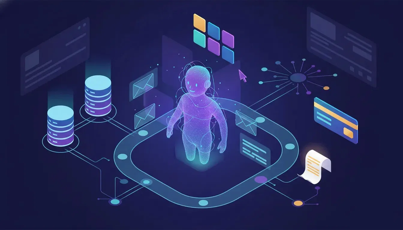 رسم توضيحي لمساعد ذكاء اصطناعي متوهج يقوم بترتيب مغلفات البريد الإلكتروني في سير عمل متصل بمجموعات قواعد بيانات مجردة وبطاقة دفع، مما يرمز إلى أتمتة البريد الإلكتروني SaaS.