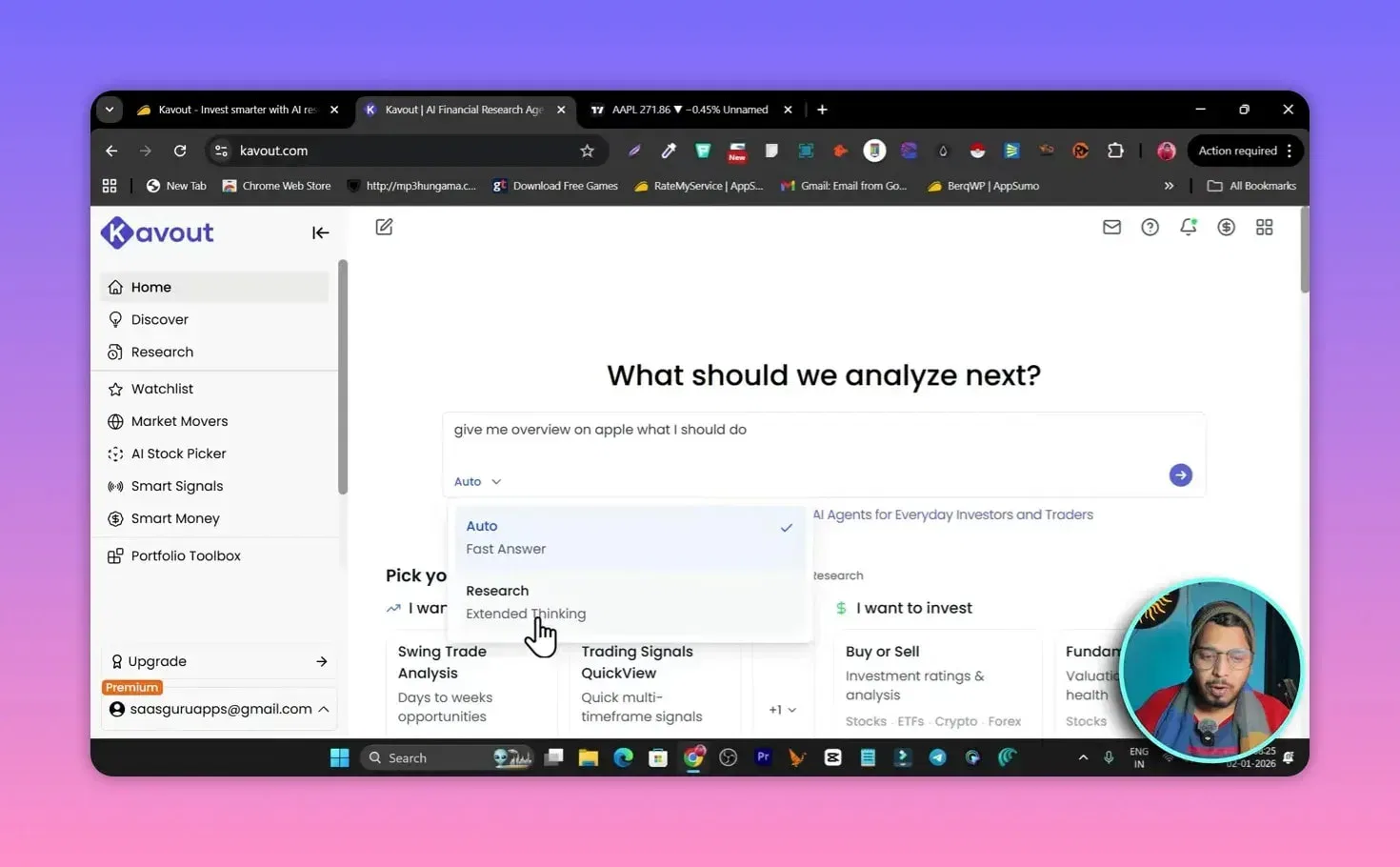 Kavout screen with dropdown menu selecting 'Research - Extended Thinking' for a user query