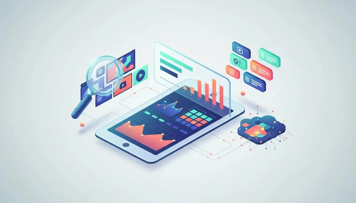 AI-powered YouTube keyword research dashboard illustration with magnifying glass over video thumbnails, colorful charts, floating keyword tags and neural network connections