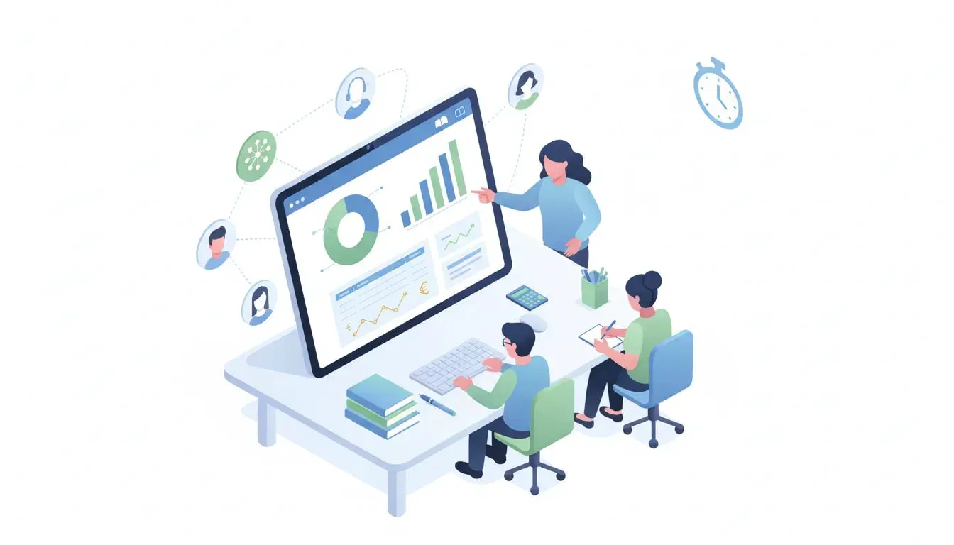 Isometric illustration of a SaaS dashboard on a laptop showing business plan charts and financial projections with people collaborating and community icons, representing PlanPros.ai lifetime deal for generating business plans and financial forecasts