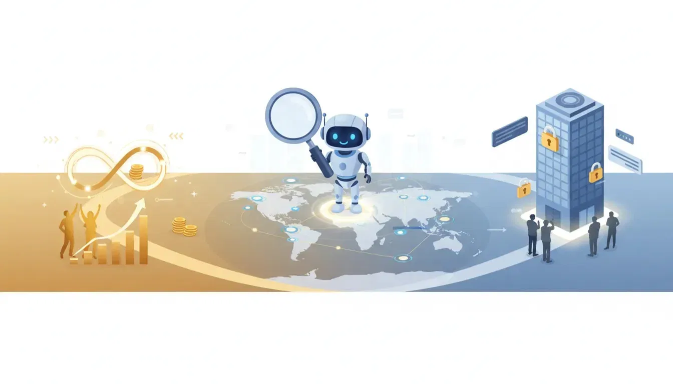 Vector illustration of an AI assistant revealing global B2B leads on a glowing network map, with a warm golden lifetime-deal path and coins contrasted against a cold corporate tower