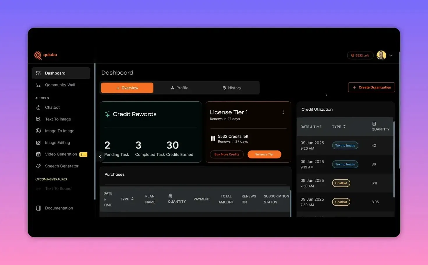 Qolaba dashboard with left sidebar of AI tools, credit rewards card and credit utilization list
