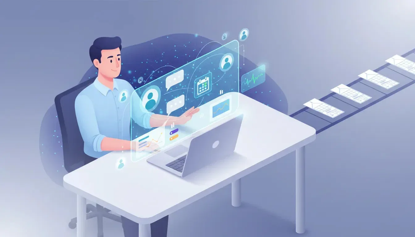 Illustration of a marketer using a holographic AI sales dashboard with floating profile cards, speech bubbles, connecting lines, calendar meeting icon, video/audio thumbnails, and data widgets representing automated personalized outreach at scale