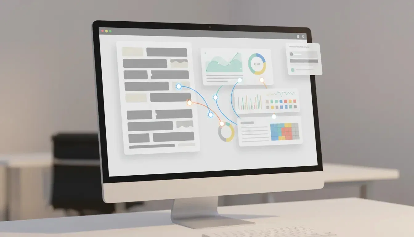 Modern CMS editor view with live search analytics panels and glowing automatic internal link suggestions visualized by connecting nodes and charts