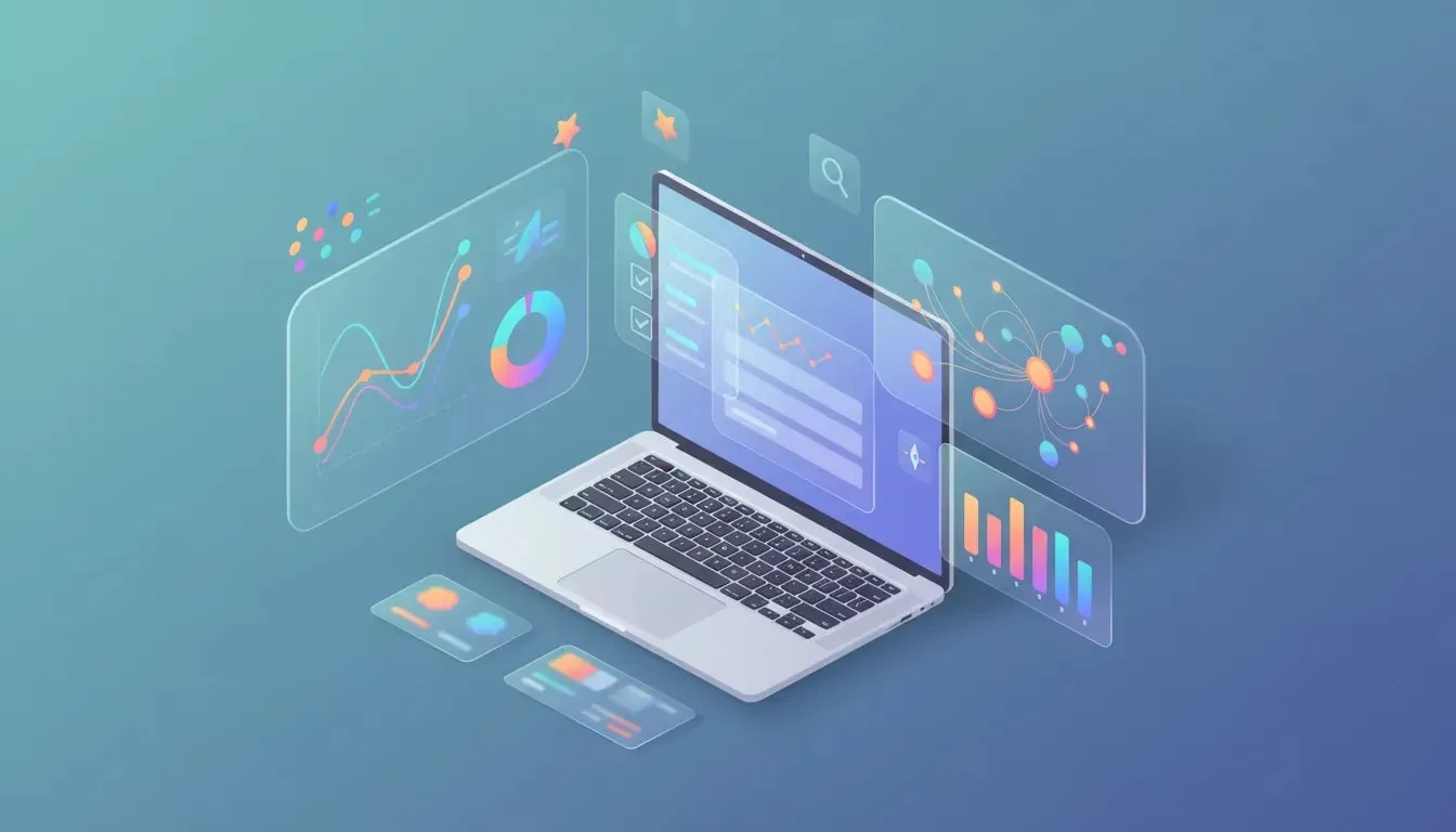 Isometric illustration of a modern SEO analytics dashboard on a laptop showing charts, keyword visuals, backlink network and competitor cards