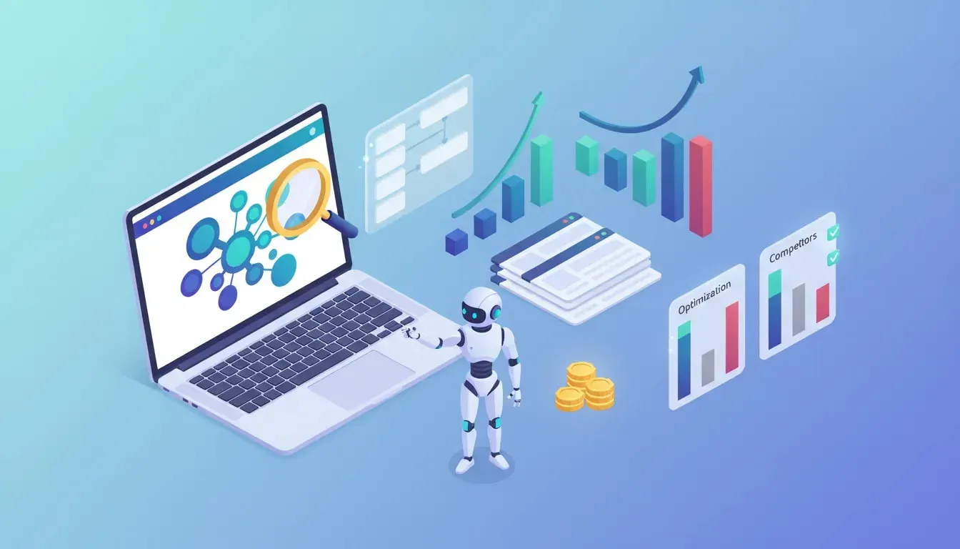 Isometric digital illustration of an AI-powered SEO content workflow: laptop with abstract keyword clusters, magnifying glass, graphs, credit tokens, and a friendly robot optimizing content