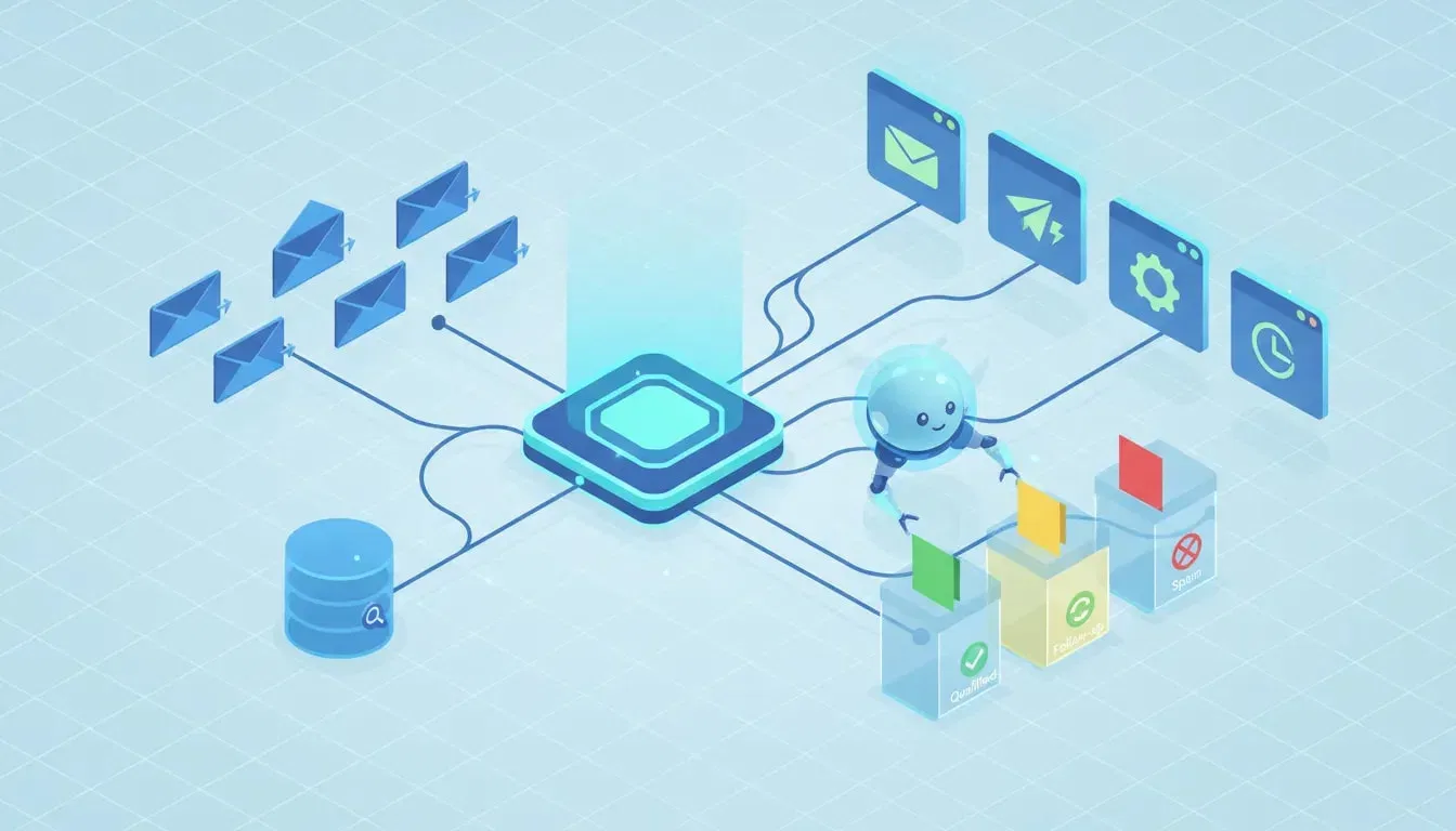 Isometric illustration of an AI automation dashboard routing incoming leads from an inbox to a database and sorting them into qualified, follow-up, and spam pipelines