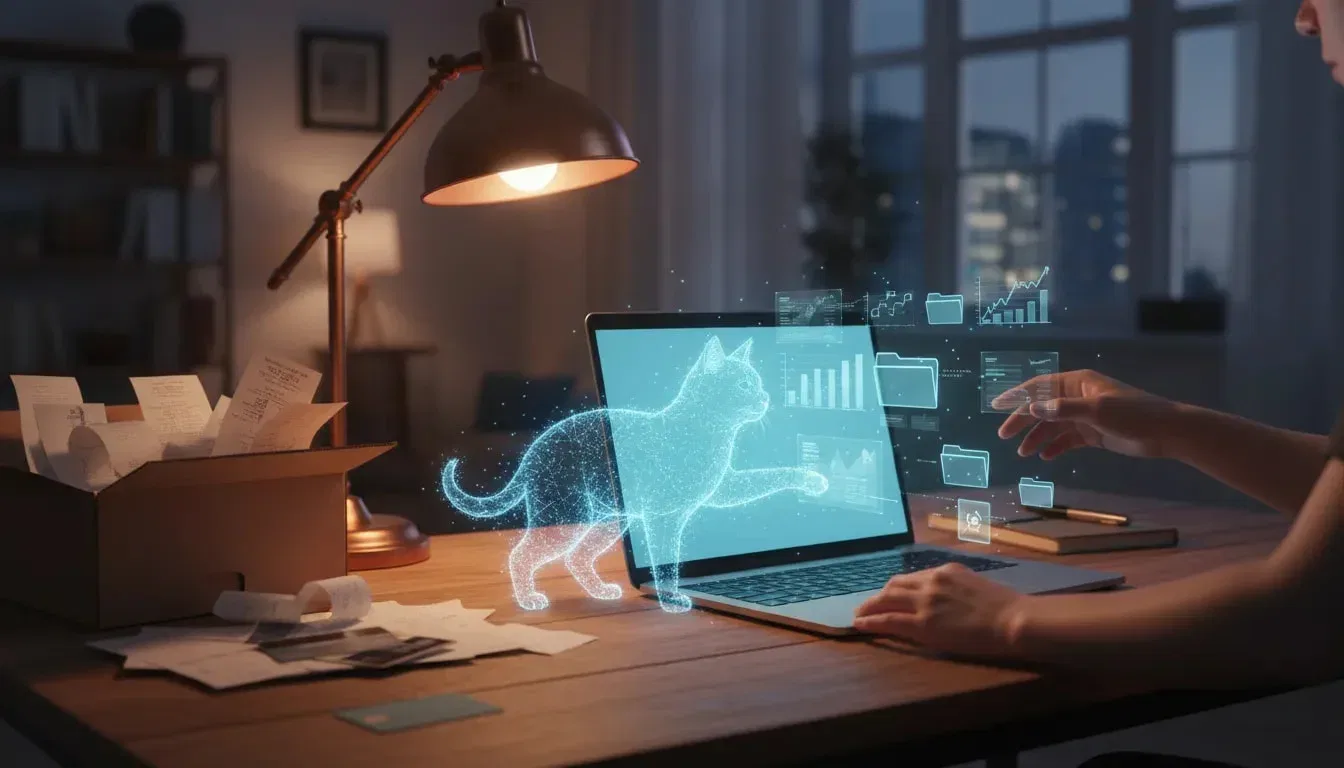 Late-night freelancer desk with messy receipts and a glowing digital tabby cat organizing papers, symbolizing Tabby AI bookkeeping automating financial chaos