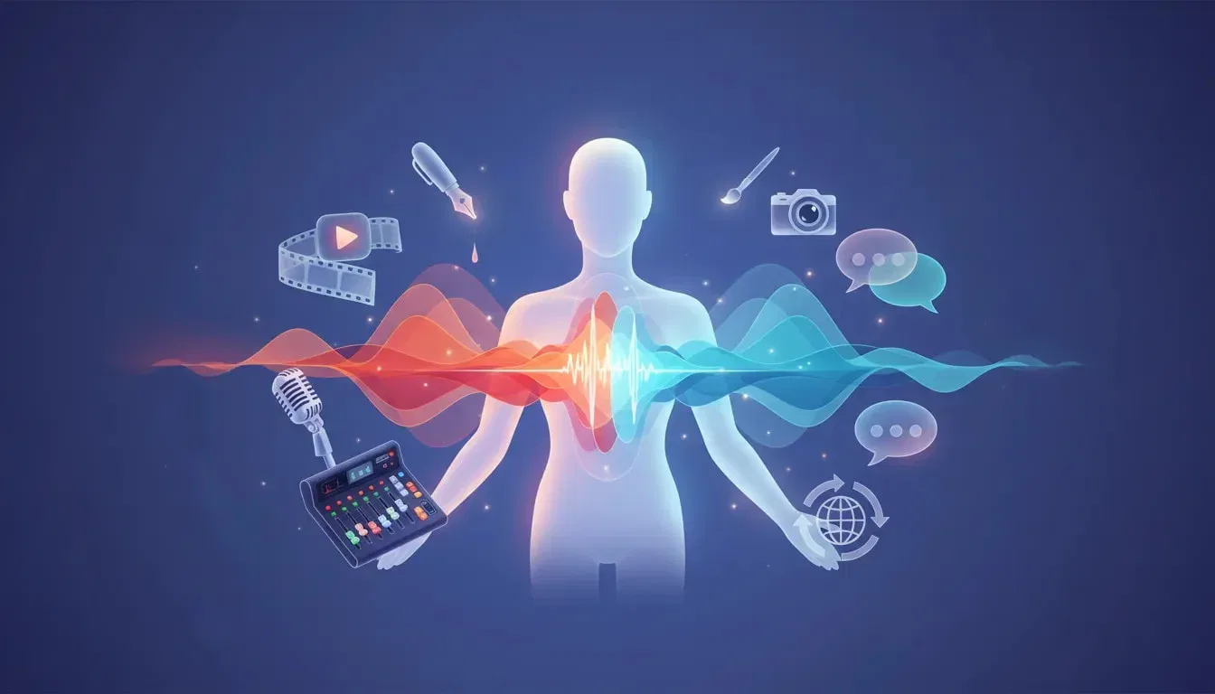 Concept illustration of Unmixr AI: a glowing AI avatar emitting colorful emotion-based sound waves surrounded by icons for dubbing, text-to-speech, chatbot, translation, image generation, and copywriting.