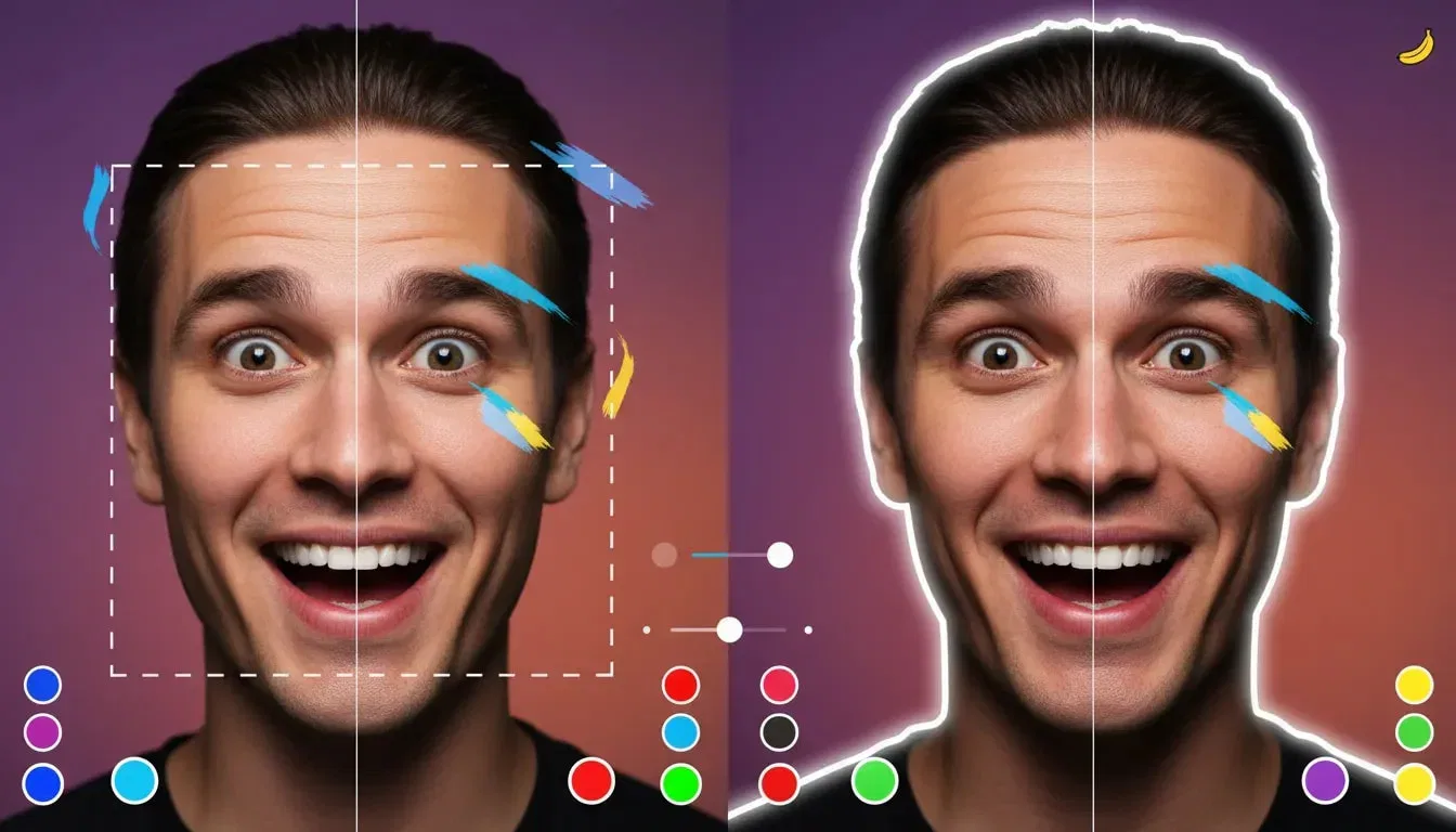 Split-screen photorealistic creator headshot showing before and after AI-enhanced thumbnail with vibrant gradient background and subtle editing overlays