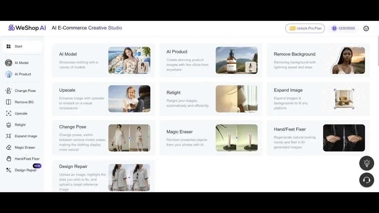 Weshop AI dashboard overview with left tool menu and feature tiles
