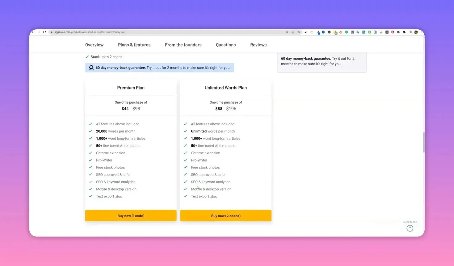 Clean screenshot of Writeseed AppSumo pricing table showing Premium one-time $44 and Unlimited Words one-time $88