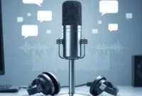 A modern desk with a sleek microphone and headphones, surrounded by abstract sound waves and digital speech bubbles representing voice technology.
