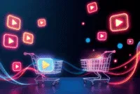 Abstract glowing video play and shopping cart icons with vibrant flowing lines on a sleek dark background, symbolizing a dynamic digital marketplace.