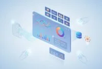 Stylized illustration of a live sales dashboard turning CSV data into charts and tables, connected to a cloud database and AI builder with thumbnail cards and a lead capture card, no text
