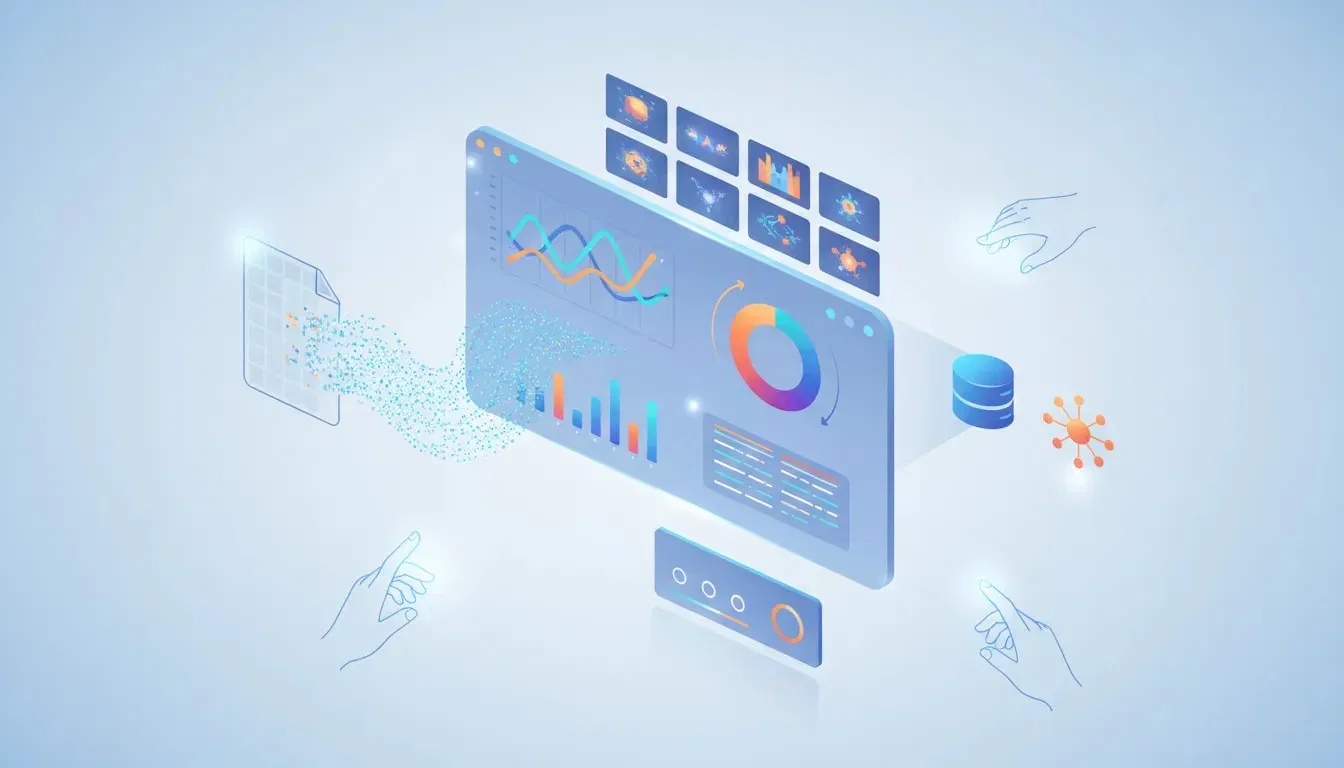 Stylized illustration of a live sales dashboard turning CSV data into charts and tables, connected to a cloud database and AI builder with thumbnail cards and a lead capture card, no text